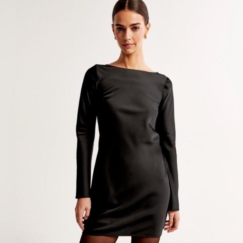 Abercrombie & Fitch Satin Long Sleeve Open Back Mini Dress Black Women's Size L - Picture 3 of 10